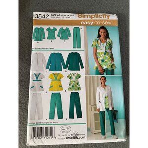 Simplicity 3542 Easy-To-Sew Scrubs Top Sewing Pattern Size 10 12 14 16 18 uncut